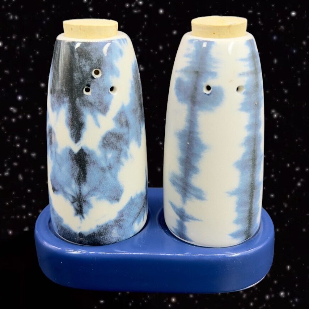 Ceramic Transpac Salt And Pepper Shaker Set Blue White Wooden Stoppers